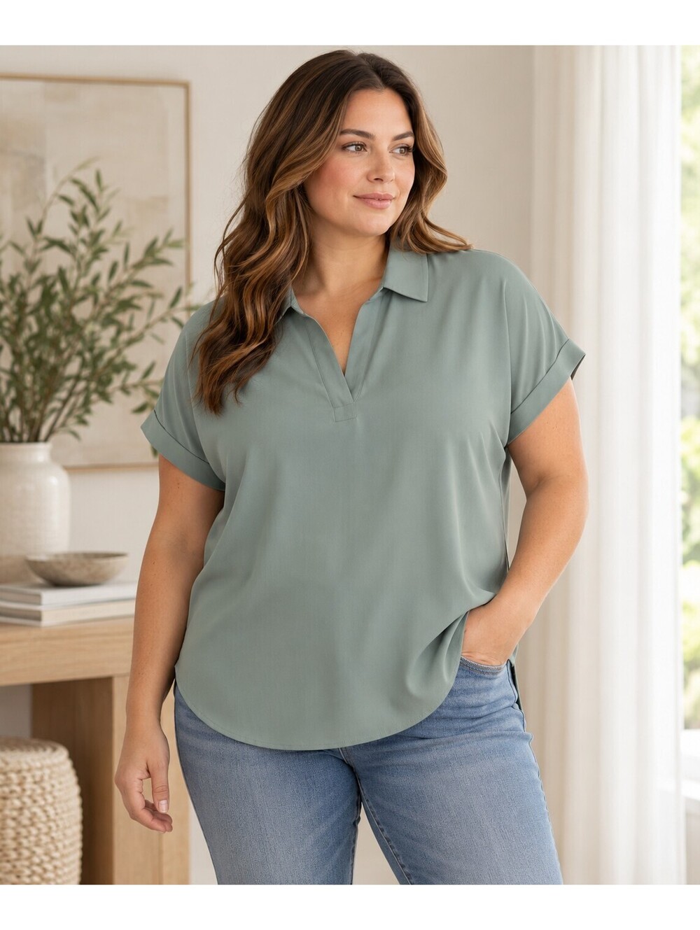 Contemporaine Sage Green Short Sleeve Polo Blouse XXL – Recycled Polyester